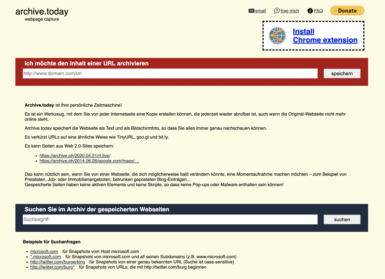 Startseite des kostenlosen Web-Archivdienstes archive.today.