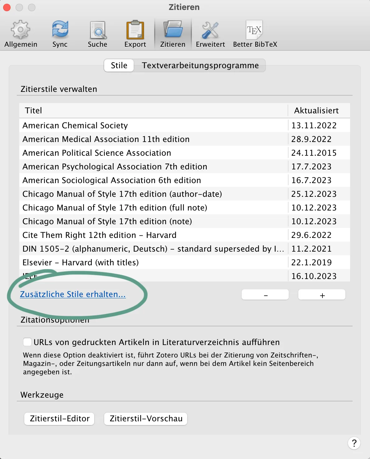 Screenshot der Zotero-Einstellungen zum Nachinstallieren eines Zitationsstils.