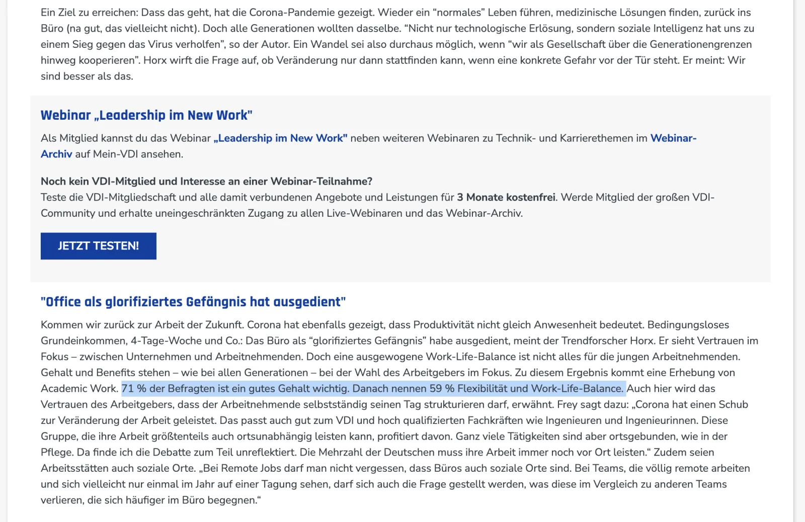 Screenshot eines Online-Artikels des VDI als Beispiel für eine Internetquelle.